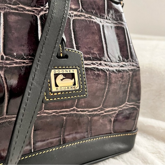 Dooney and Bourke Croco Purple Embossed Double Strapped Tassel Bag - Picture 3 of 13